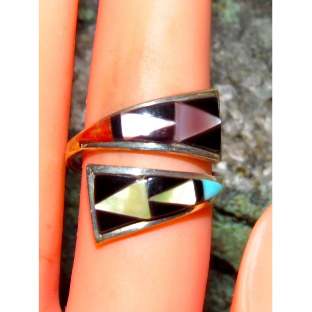 Zuni Turquoise Coral Inlay Adjustable Ring Sz 7 Sterling Silver T. Qualo